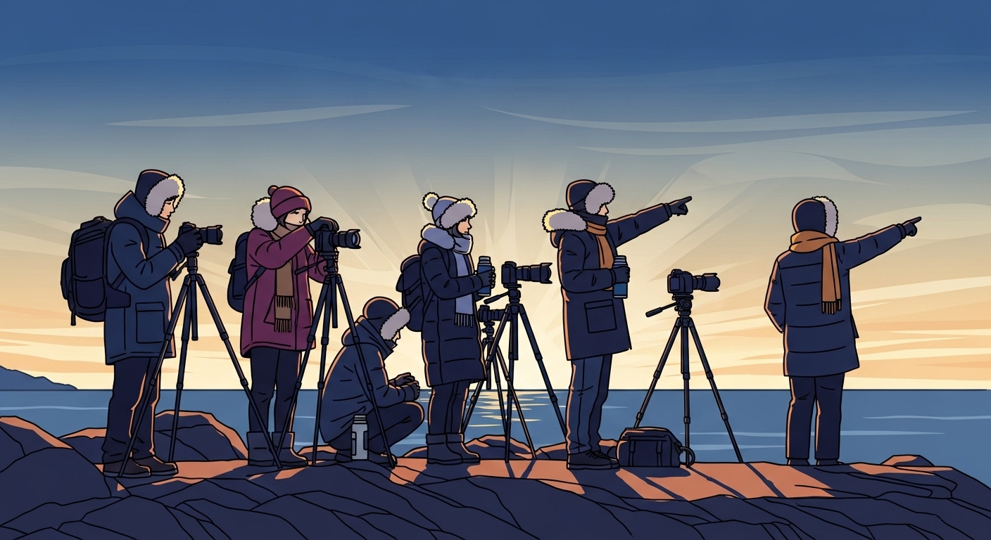 따뜻하게 입고 카메라 장비를 준비하는 사람들이 일출을 기다리는 모습