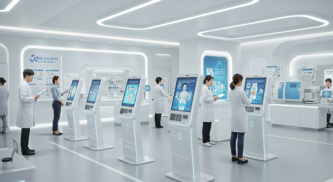 AI 상담 키오스크와 유전자 분석 기술을 갖춘 미래지향적인 한국 헬스케어 센터에서 개인 맞춤형 당뇨 보충제를 제공하는 장면
