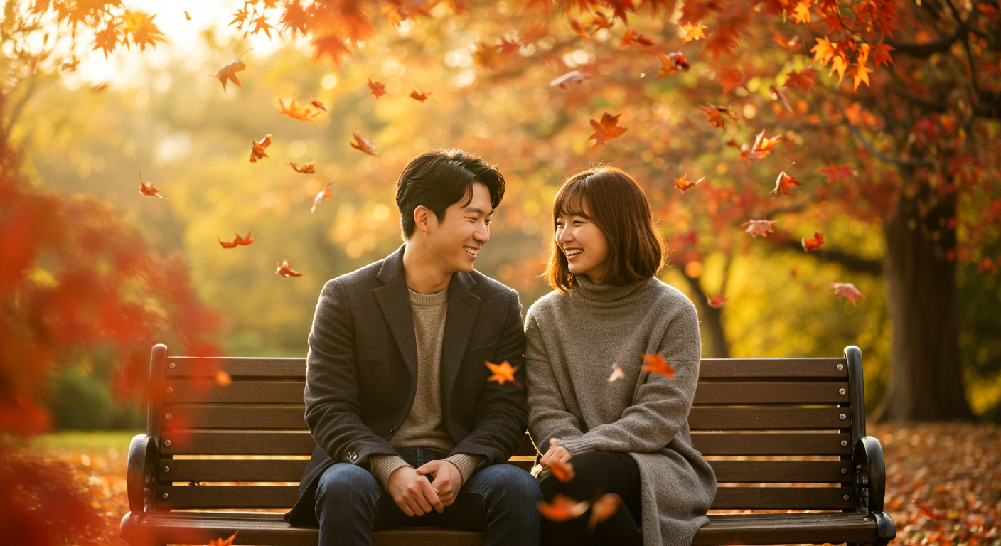 가을 공원 벤치에 앉아 대화를 나누며 웃고 있는 현대적 커플의 모습