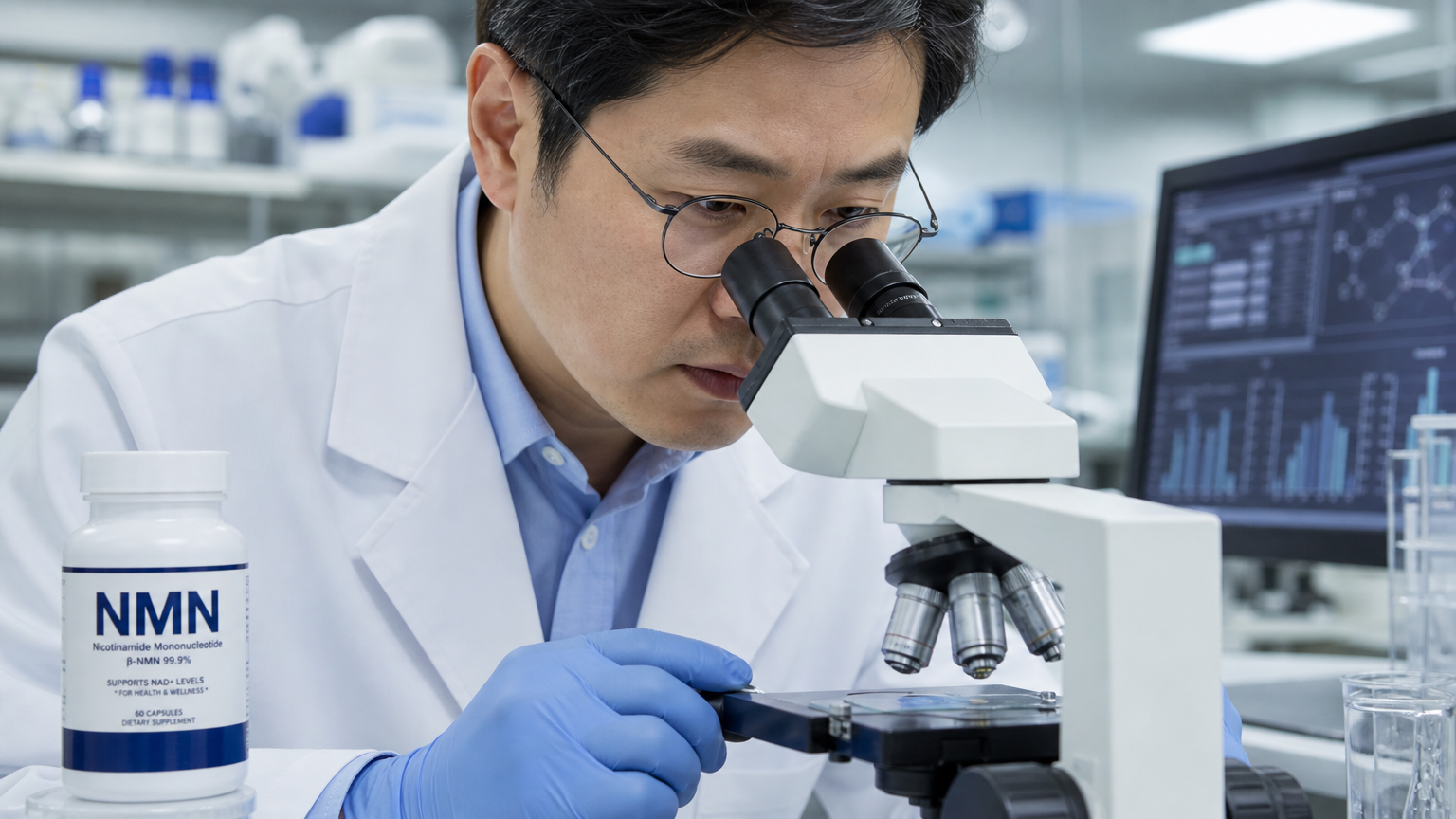 실험실 코트 입고 현미경으로 NMN 보조제를 관찰하는 한국 과학자