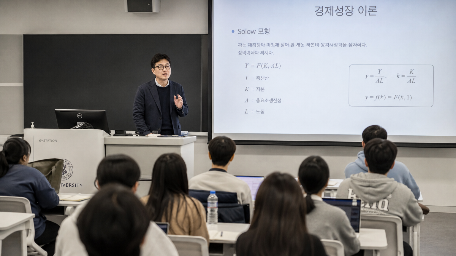 대학 강의실에서 학생들에게 경제 성장론을 설명하는 한국 교수의 모습