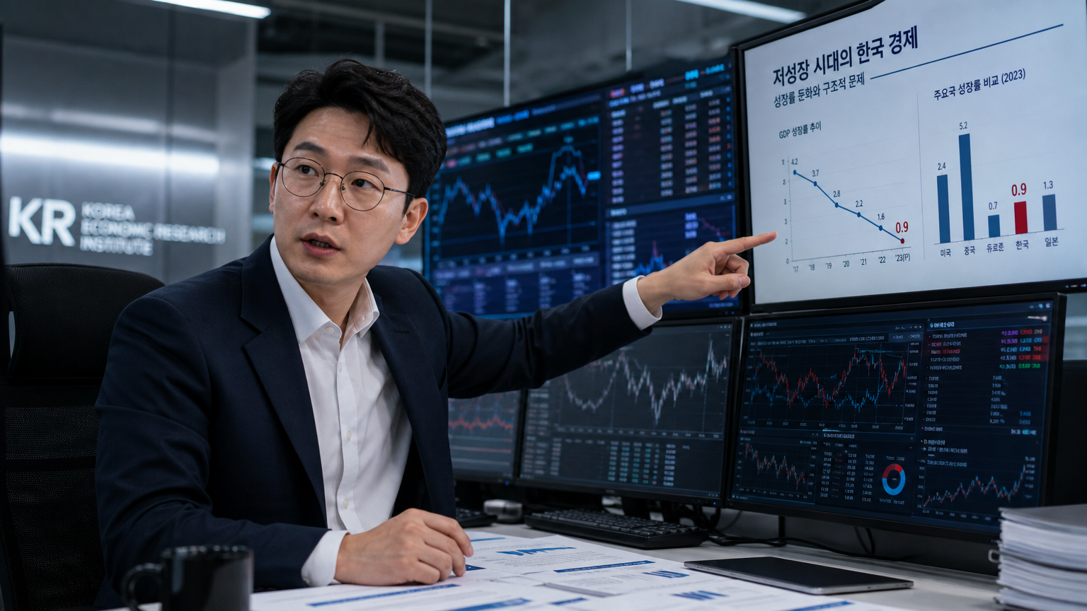 첨단 사무실에서 시장 동향과 저성장 문제를 분석하는 한국 경제학자의 모습