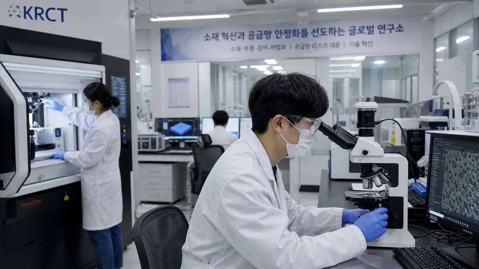 한국 연구실에서 과학자들이 첨단 장비로 실험하며 공급망 안정성을 연구하는 장면