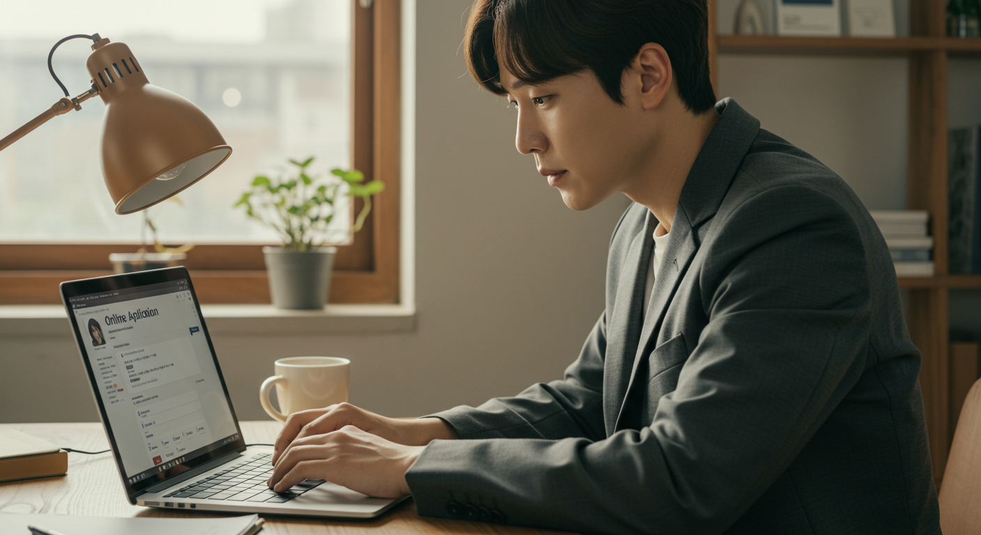 편안한 작업 공간에서 노트북으로 온라인 신청을 하는 한국 기업가의 모습