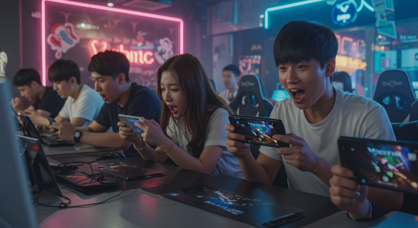 한국의 현대적인 게임 카페에서 스마트폰으로 마비노기 모바일 도적 클래스를 플레이하는 게이머들