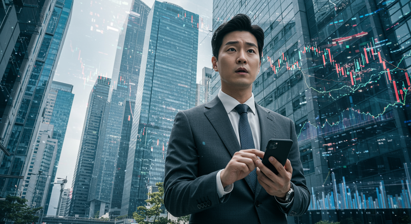 서울 금융지구에서 걱정스러운 표정으로 서 있는 현대 한국 비즈니스맨, 배경에는 고층 건물과 디지털 주식 시장 차트