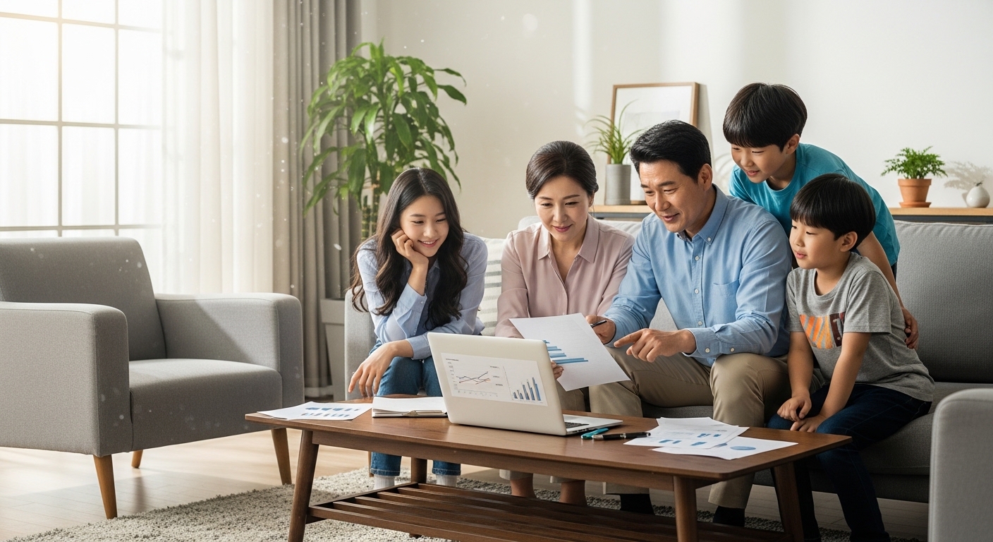 네 명의 가족이 거실에서 서류를 검토하며 정부 지원금을 기대하는 모습