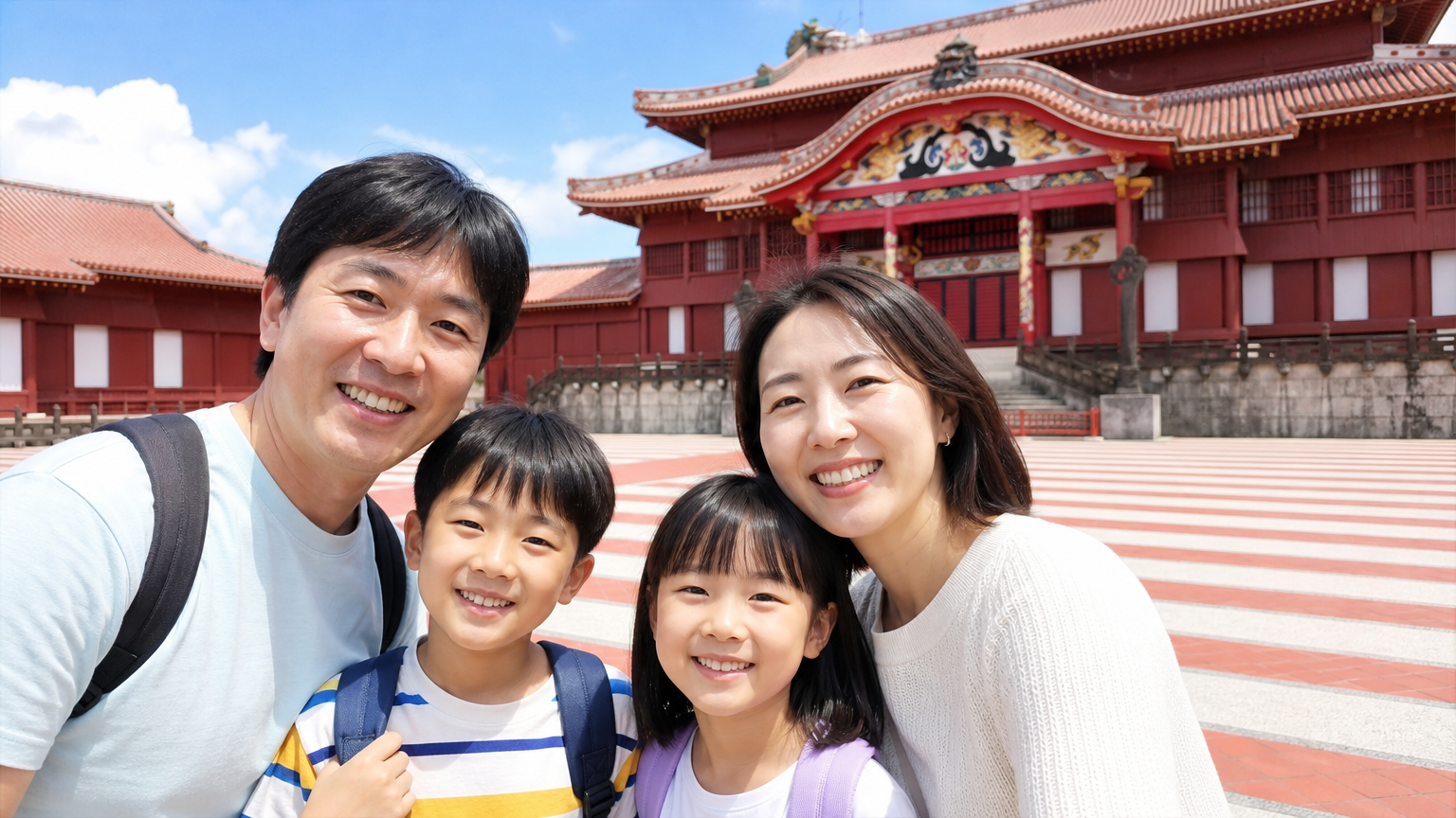 오키나와 유명 명소 앞에서 사진을 찍고 있는 한국 가족