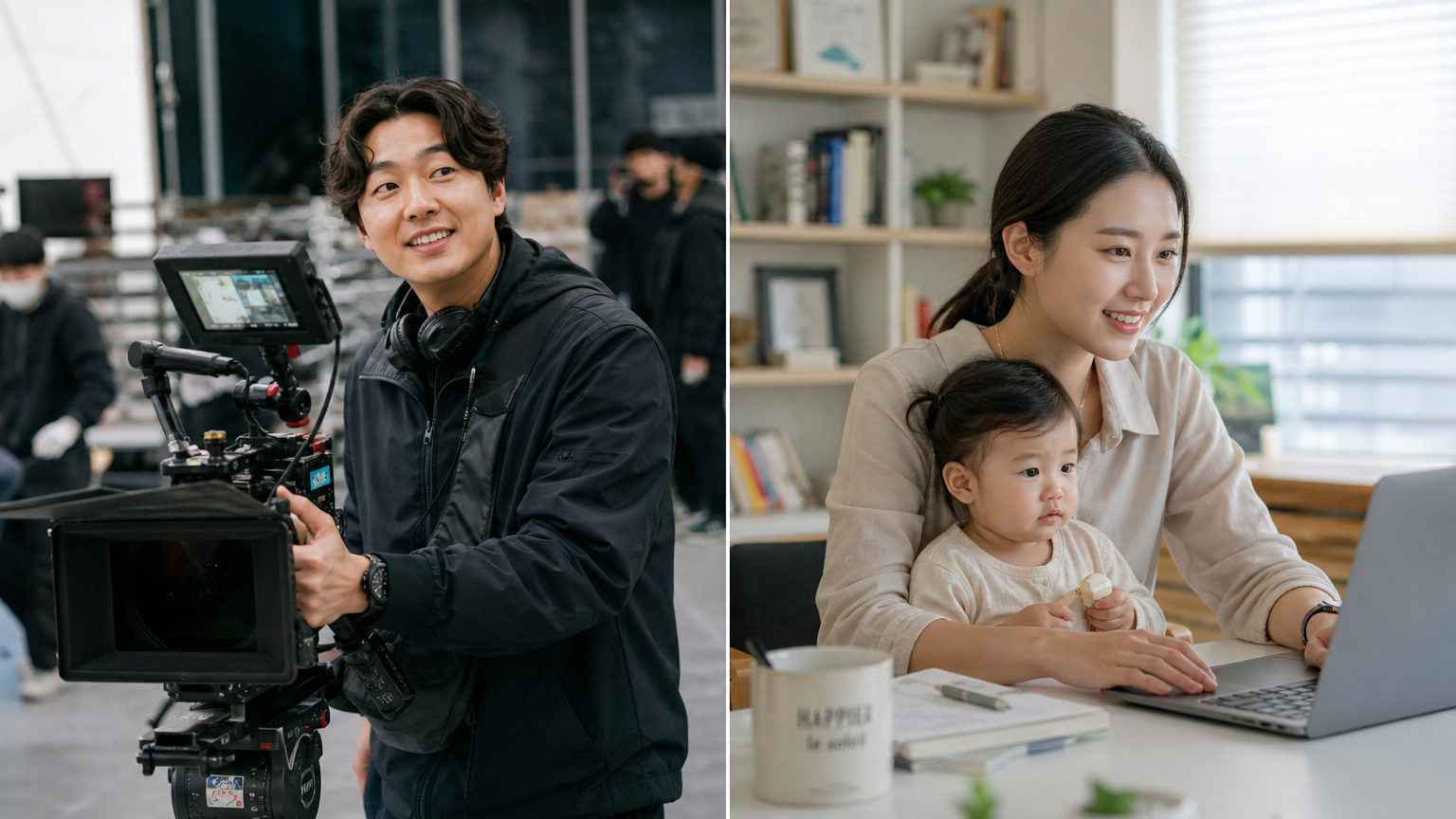 영화 촬영장과 가정 사무실에서 각각 작업 중인 현대적 한국 커플