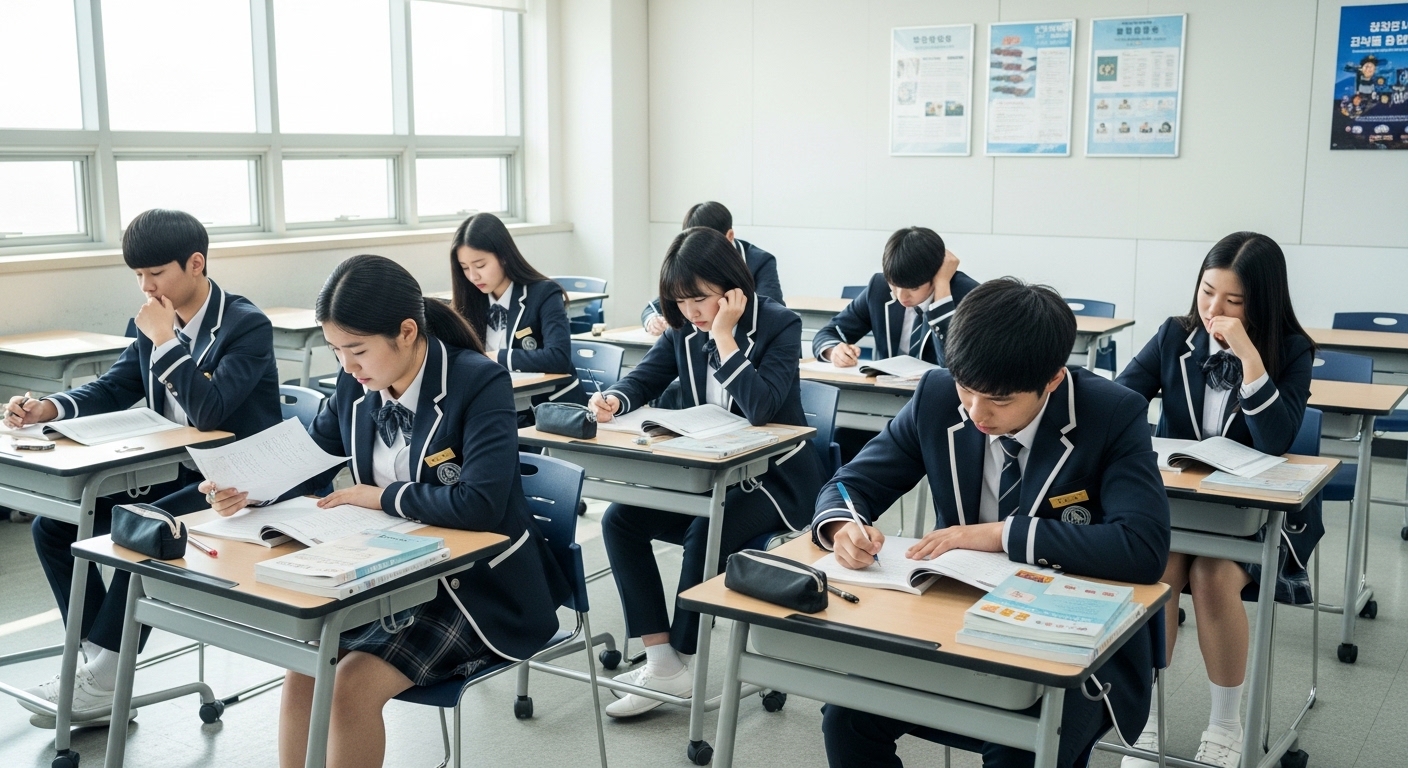 현대적인 교실에서 모의고사를 집중하며 치르는 고등학생들