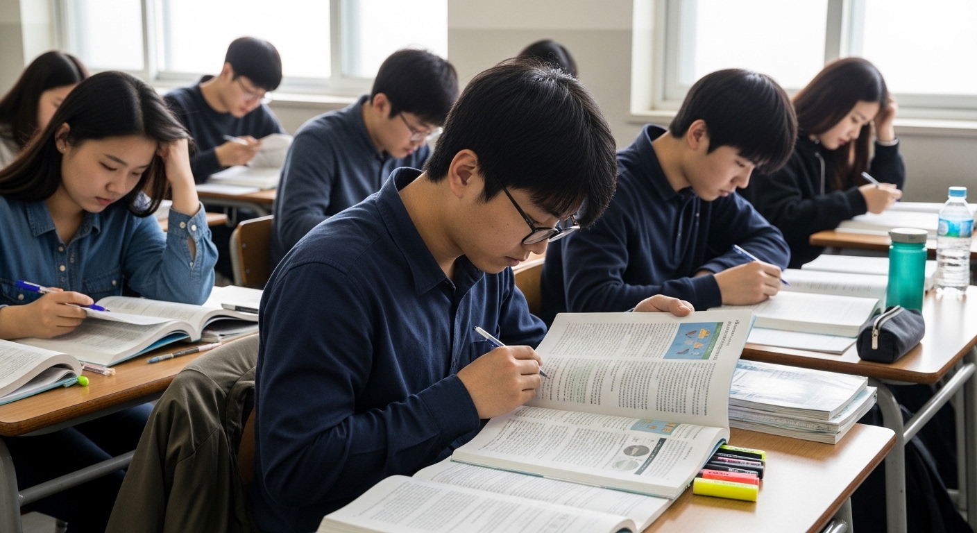 조용한 교실에서 긴 비문학 지문을 분석하는 학생들