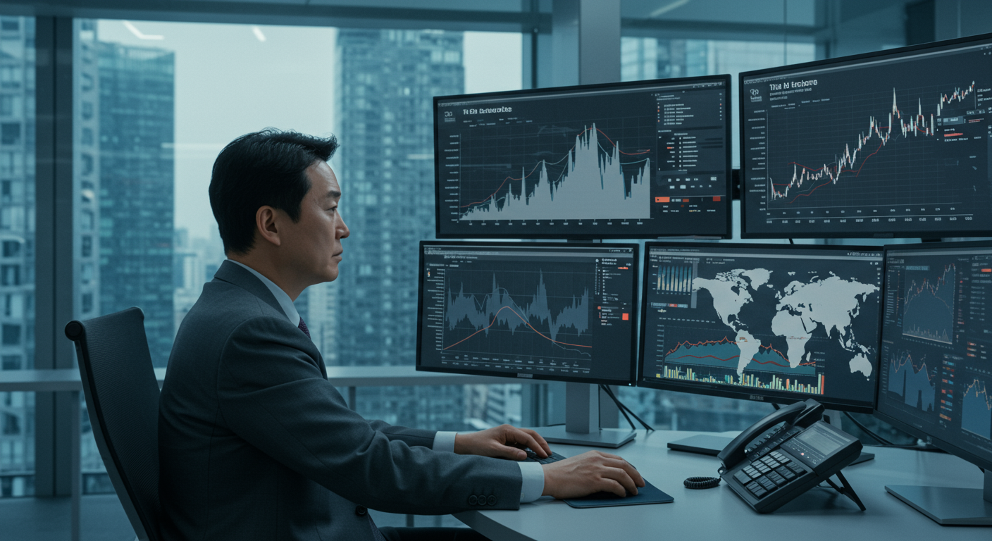 현대 사무실에서 트럼프의 정책에 따른 글로벌 경제 변화를 분석하는 경제학자의 모습