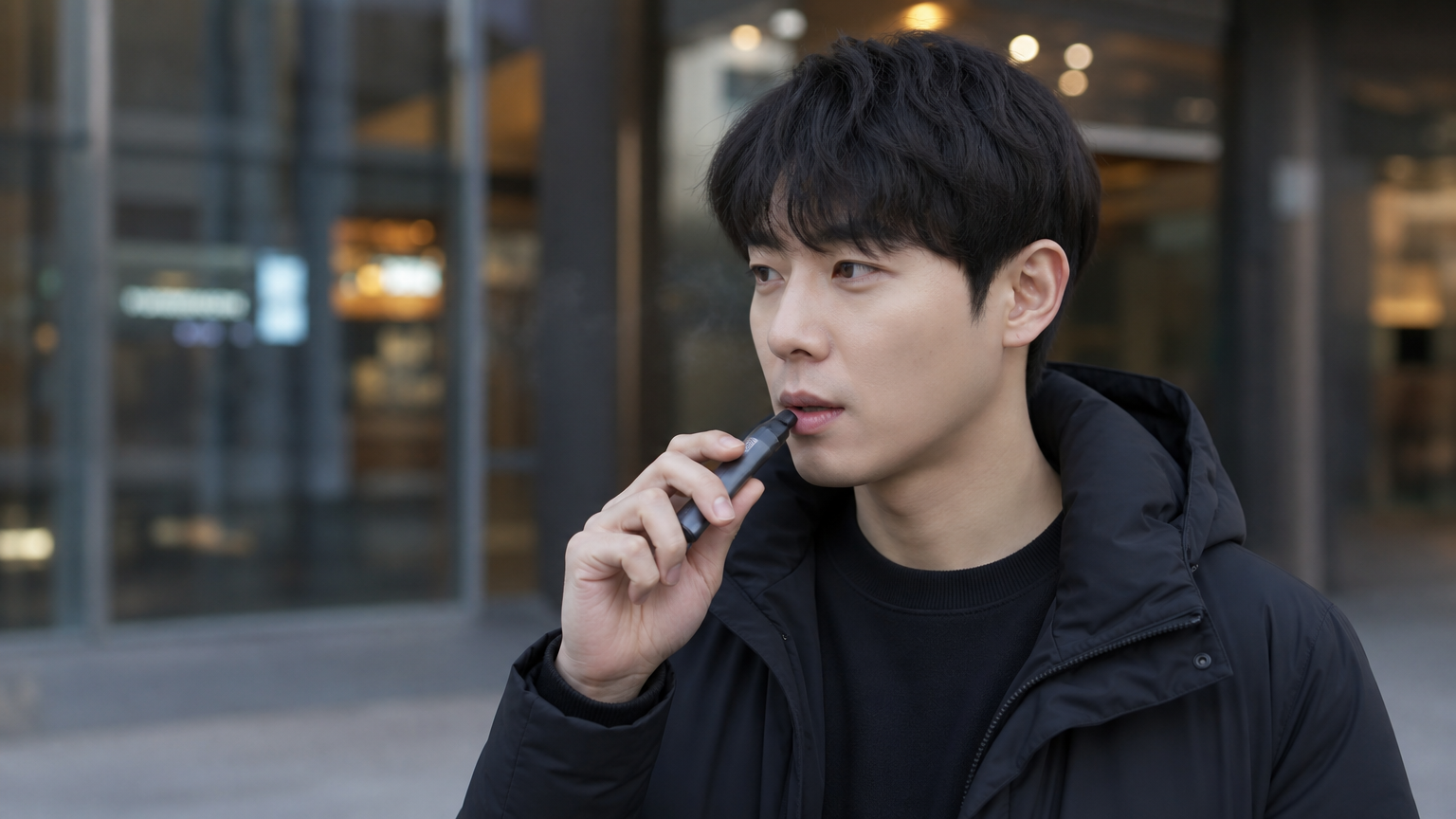 현대적인 도시 환경에서 전자담배를 사용하는 성인의 모습