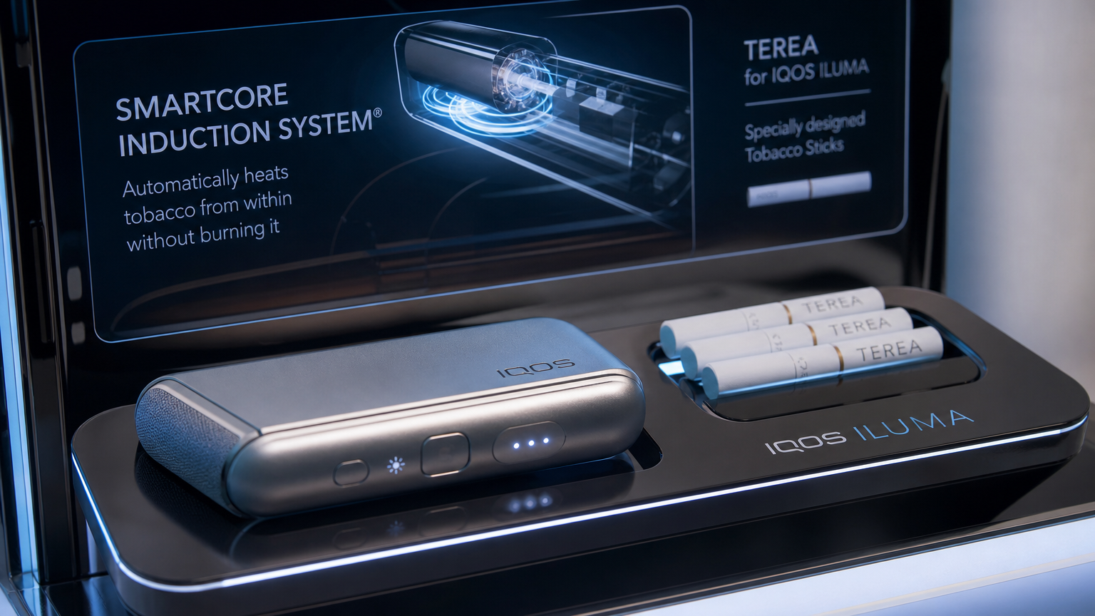 IQOS Iluma 기기의 근접 촬영 및 테리아 스틱과 인덕션 시스템의 첨단 기술 표현
