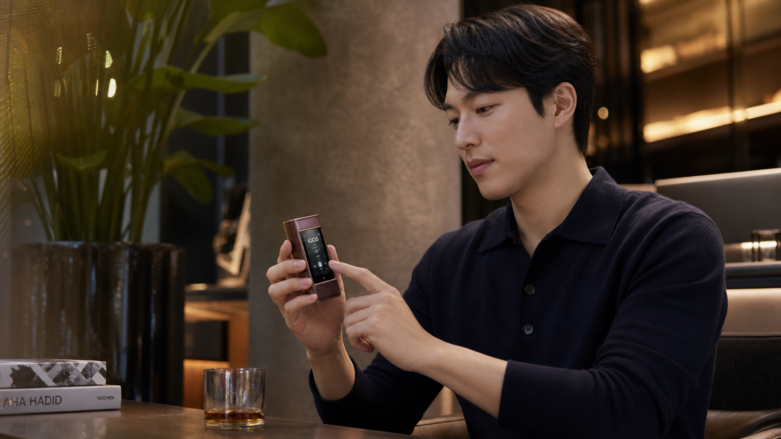 터치스크린과 가죽 커버가 있는 프리미엄 IQOS Iluma Prime을 사용하는 사용자의 모습
