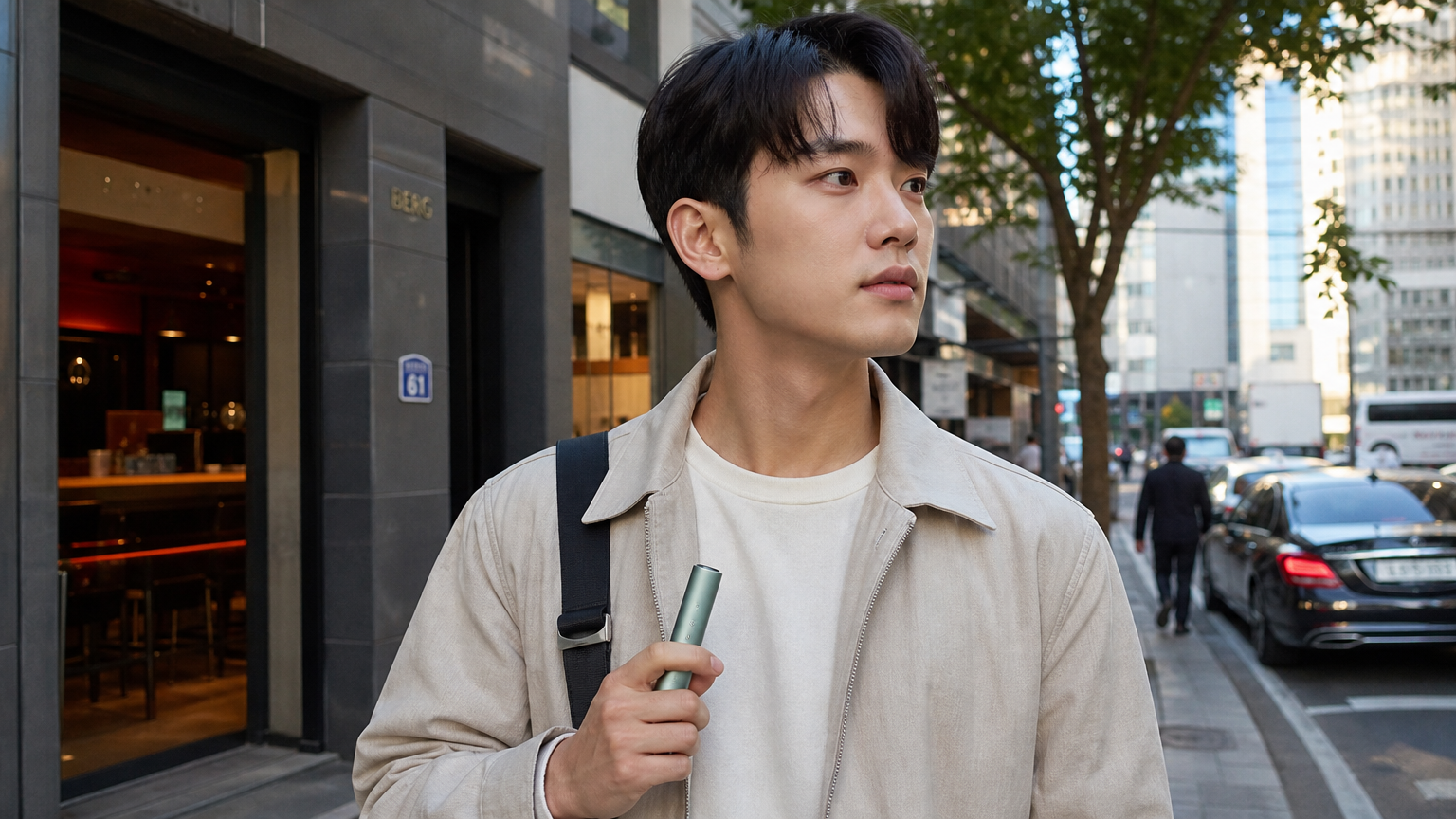 캐주얼 복장의 젊은이가 들고 다니기 편리한 컴팩트한 IQOS Iluma One을 손에 든 모습