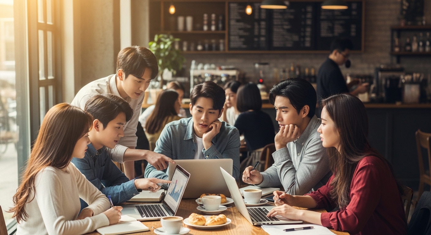 카페에서 노트북으로 재정 계획과 저축 전략을 논의하는 젊은이들