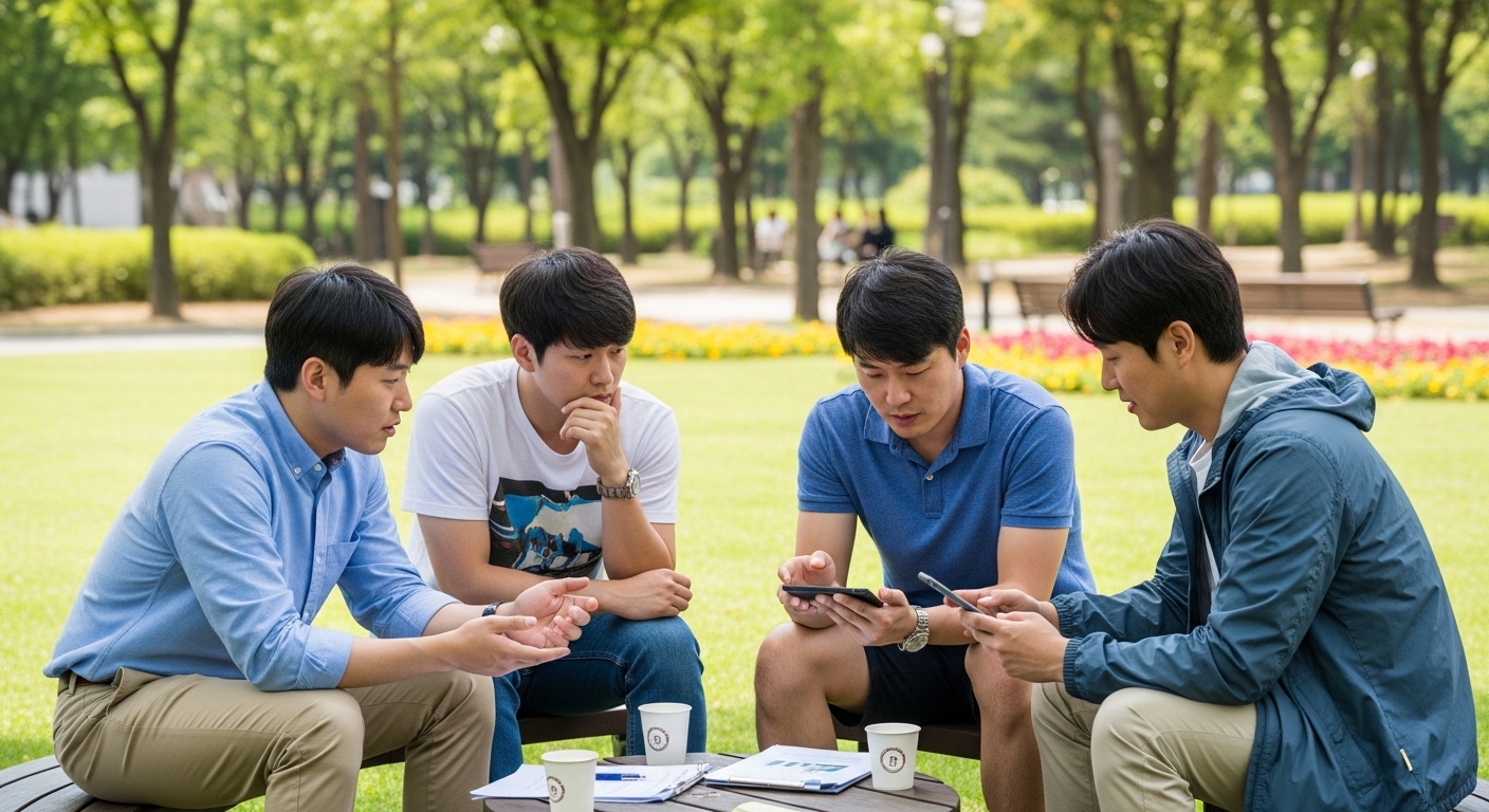 공원에서 군 복무 후 재정 계좌 자격에 대해 논의하는 한국 남성들