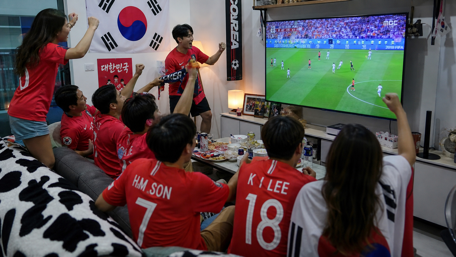 한국의 축구 팬들이 집에서 대형 TV로 월드컵 경기를 시청하며 응원하는 장면