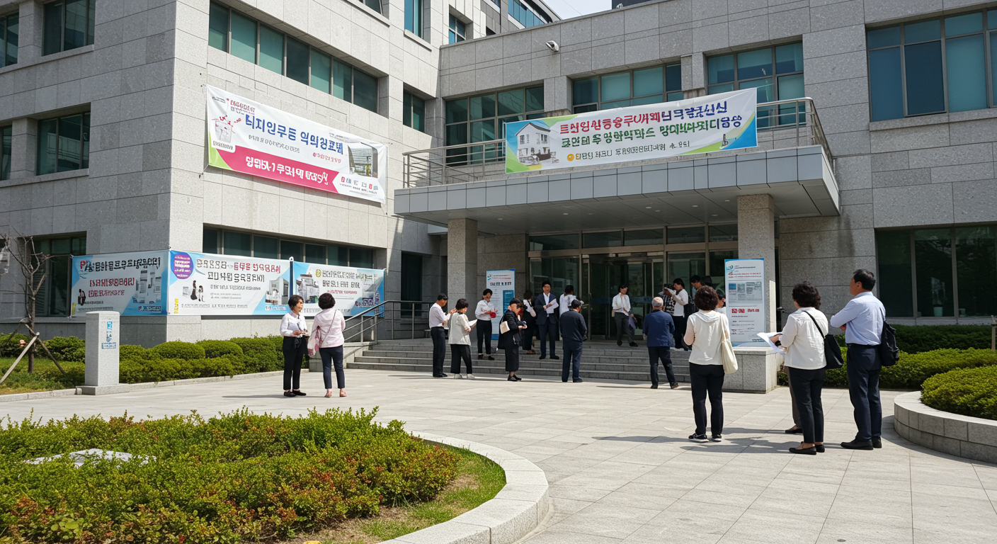 다양한 사람들이 모여서 전월세 계약에 대해 논의하는 모습과 투명성을 홍보하는 한국 정부 건물