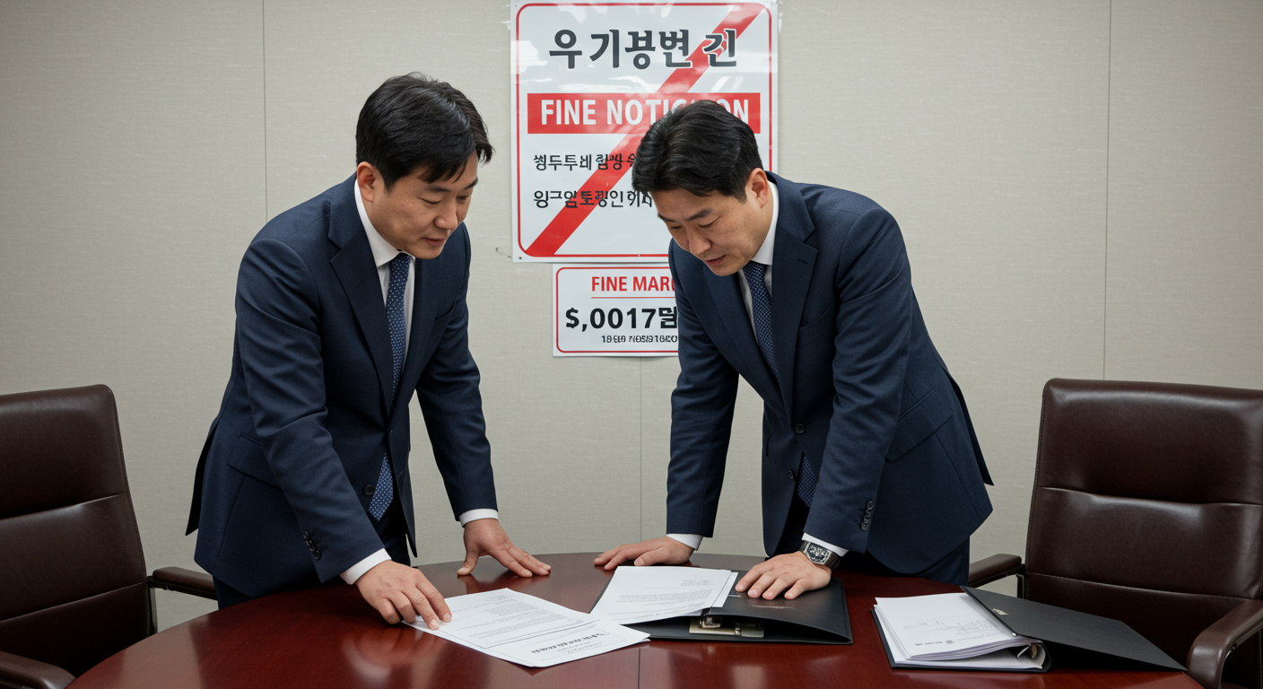 과태료 통지를 배경으로 임차인과 임대인이 계약서를 검토하는 진지한 분위기의 사무실 장면