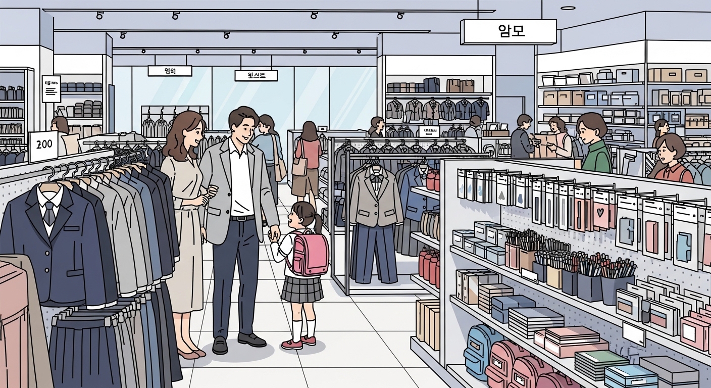 한국 부모들이 새 학기를 맞아 교복과 학용품을 구입하는 모습