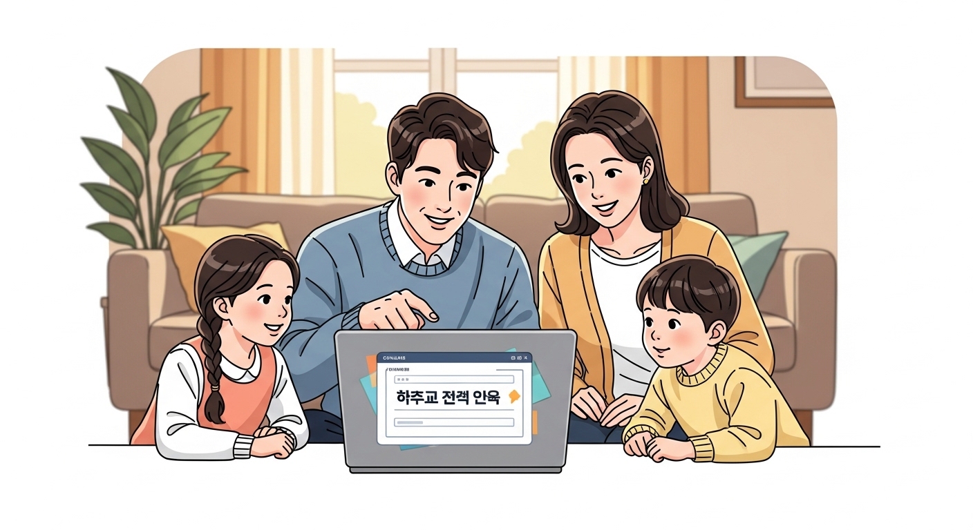 가족이 집에서 노트북으로 입학 준비금을 신청하는 장면