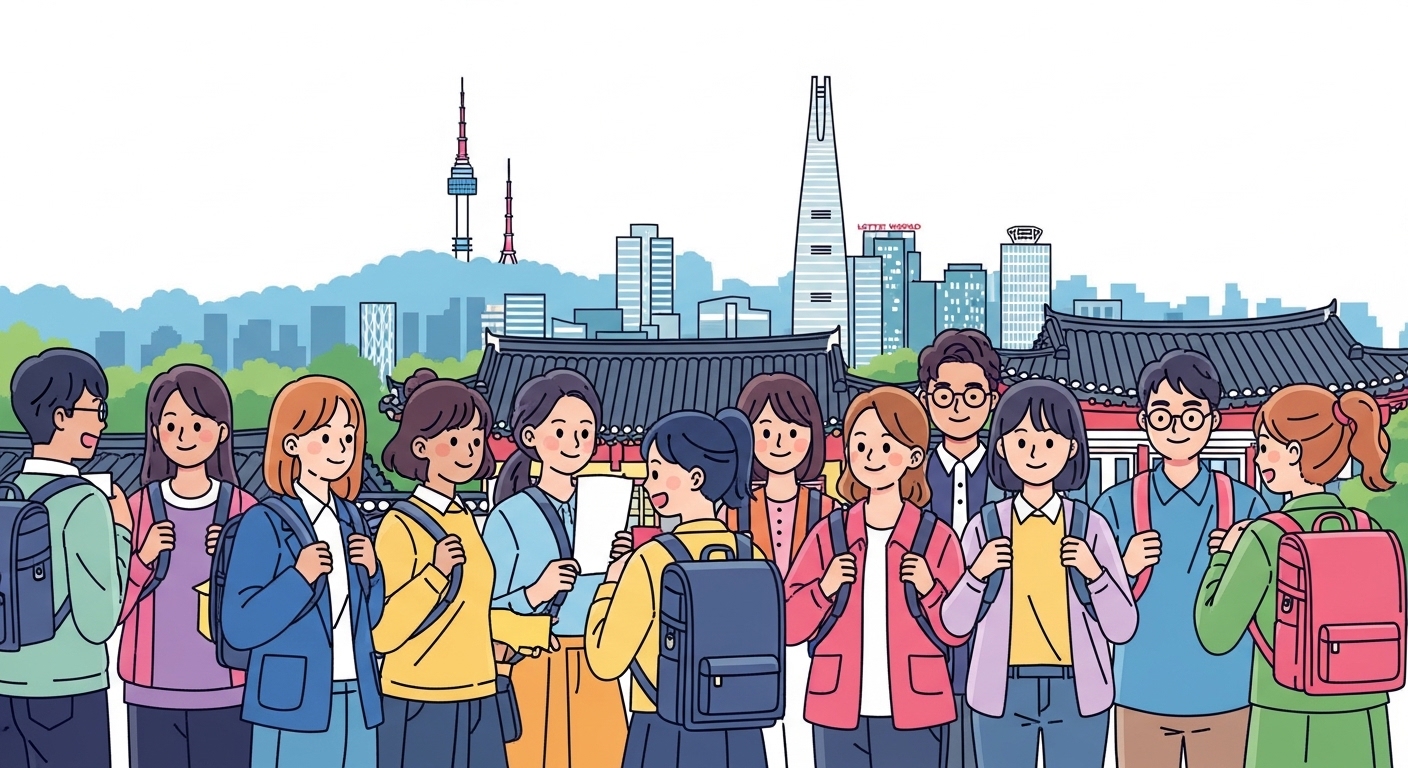 다양한 배경의 한국 학생들이 함께 모여 있는 모습