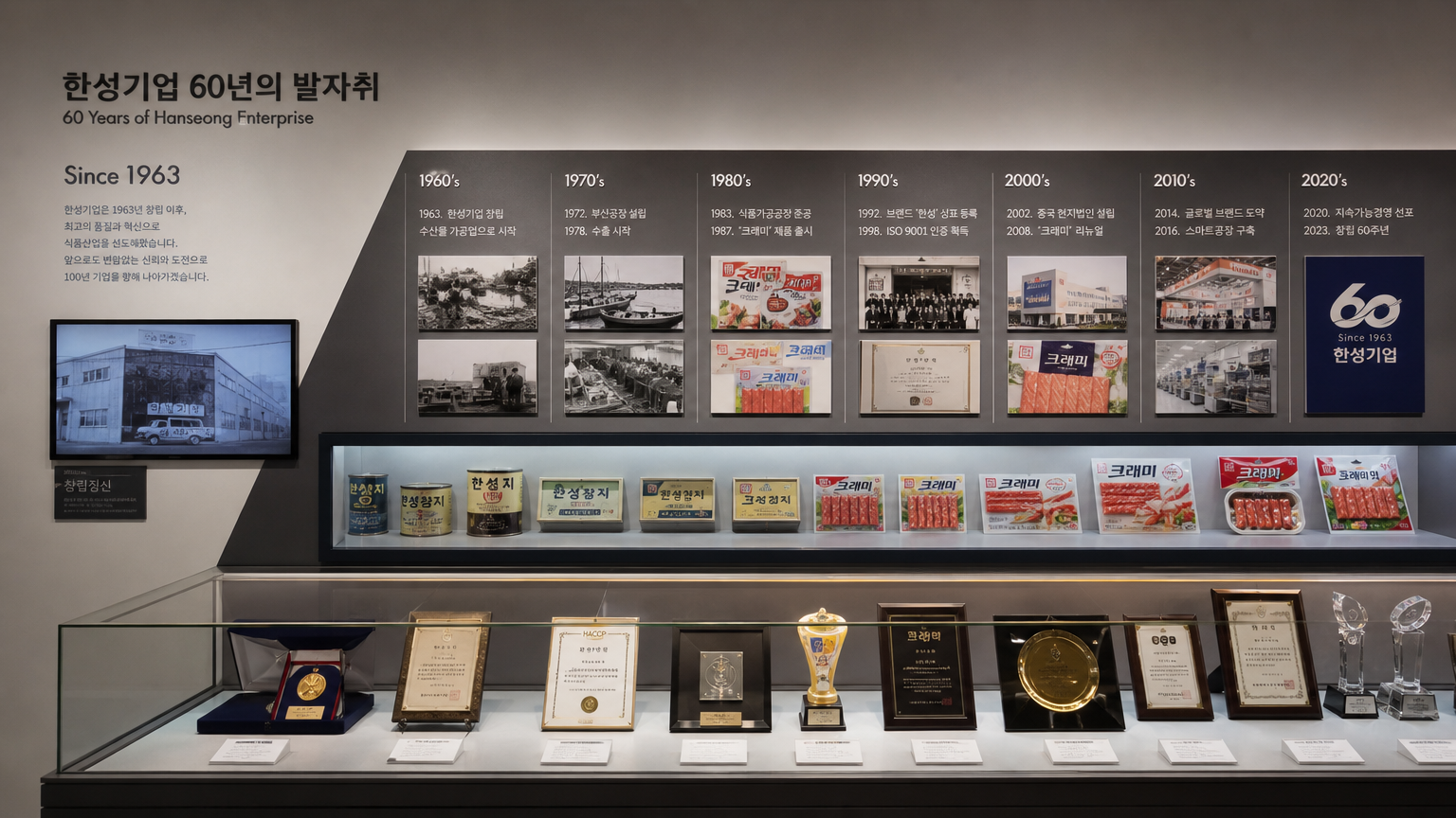 한성기업의 60년 역사를 보여주는 전시회 장면