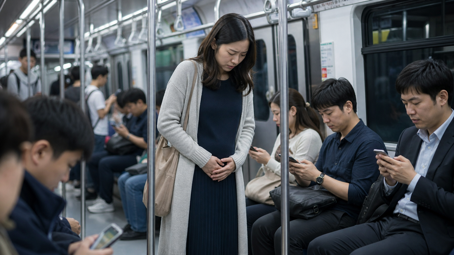 초기 임신부가 붐비는 지하철에서 눈에 띄지 않아 자리에 앉지 못하는 상황