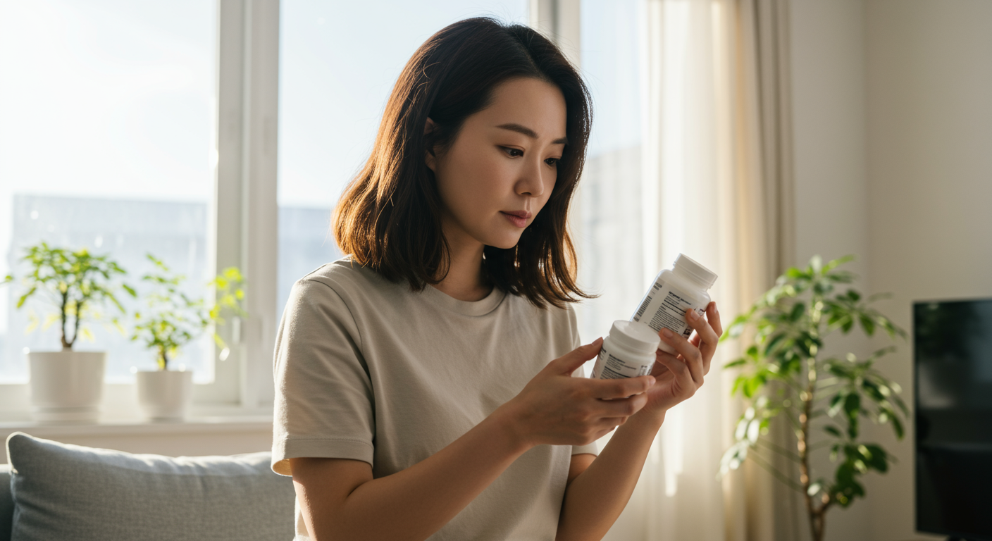 한 여성이 집에서 보충제 병을 들고 신중하게 살펴보는 모습