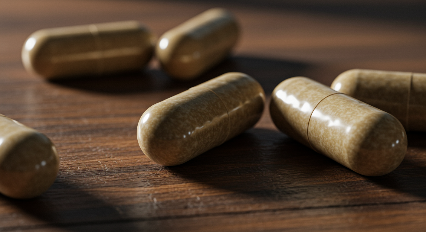 자연광 아래 목재 테이블 위에 놓인 장용성 코팅 캡슐 클로즈업 이미지