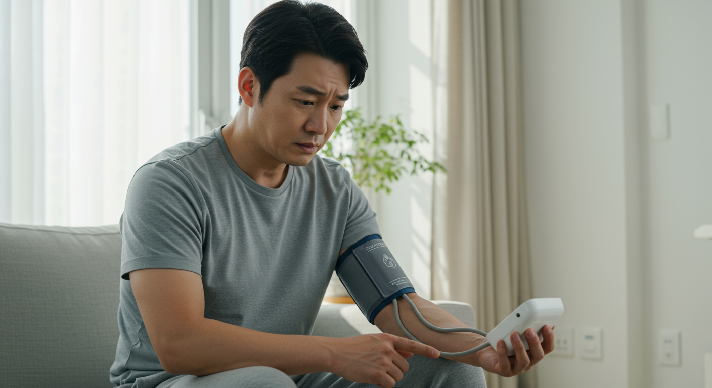 가정에서 디지털 혈압계를 사용하여 혈압을 측정하는 남성의 모습
