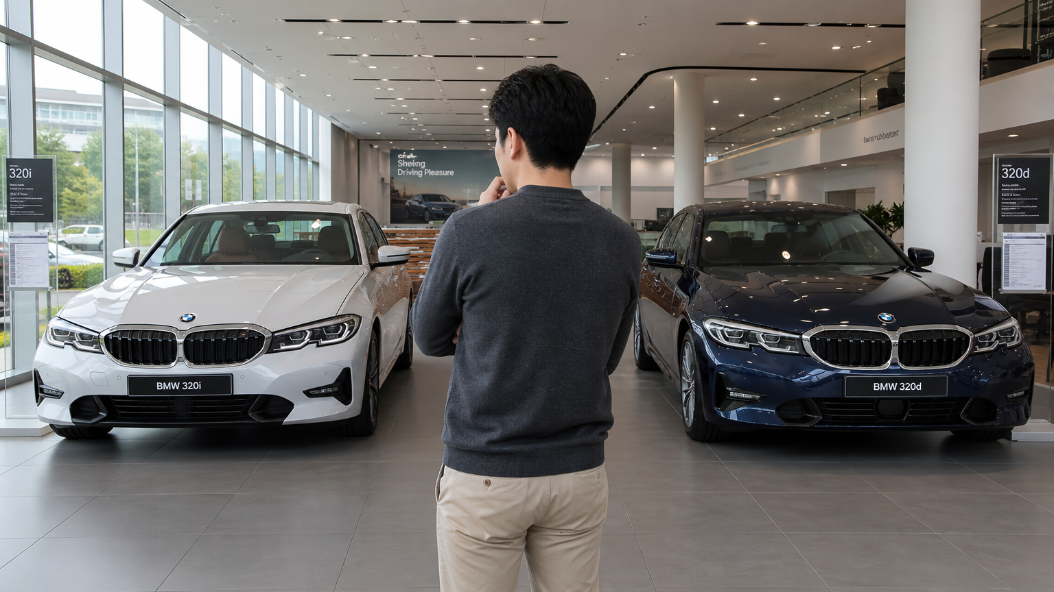 현대적인 한국 남성이 BMW 딜러십에서 가솔린과 디젤 모델 사이에서 고민하는 모습