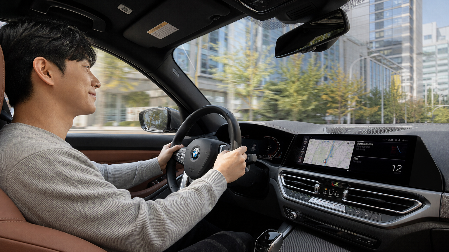 도심 도로에서 BMW 320i를 운전하며 부드럽고 조용한 주행을 즐기는 한국 남성