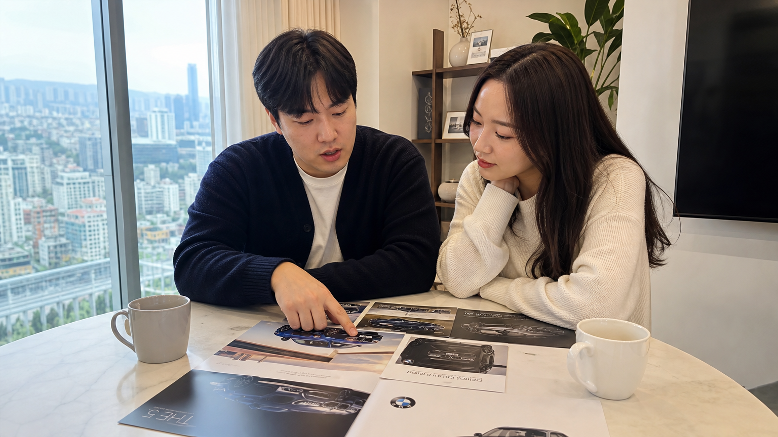 집에서 커피를 마시며 테이블에 놓인 BMW 브로셔를 보며 자동차 선택에 대해 논의하는 한국 커플