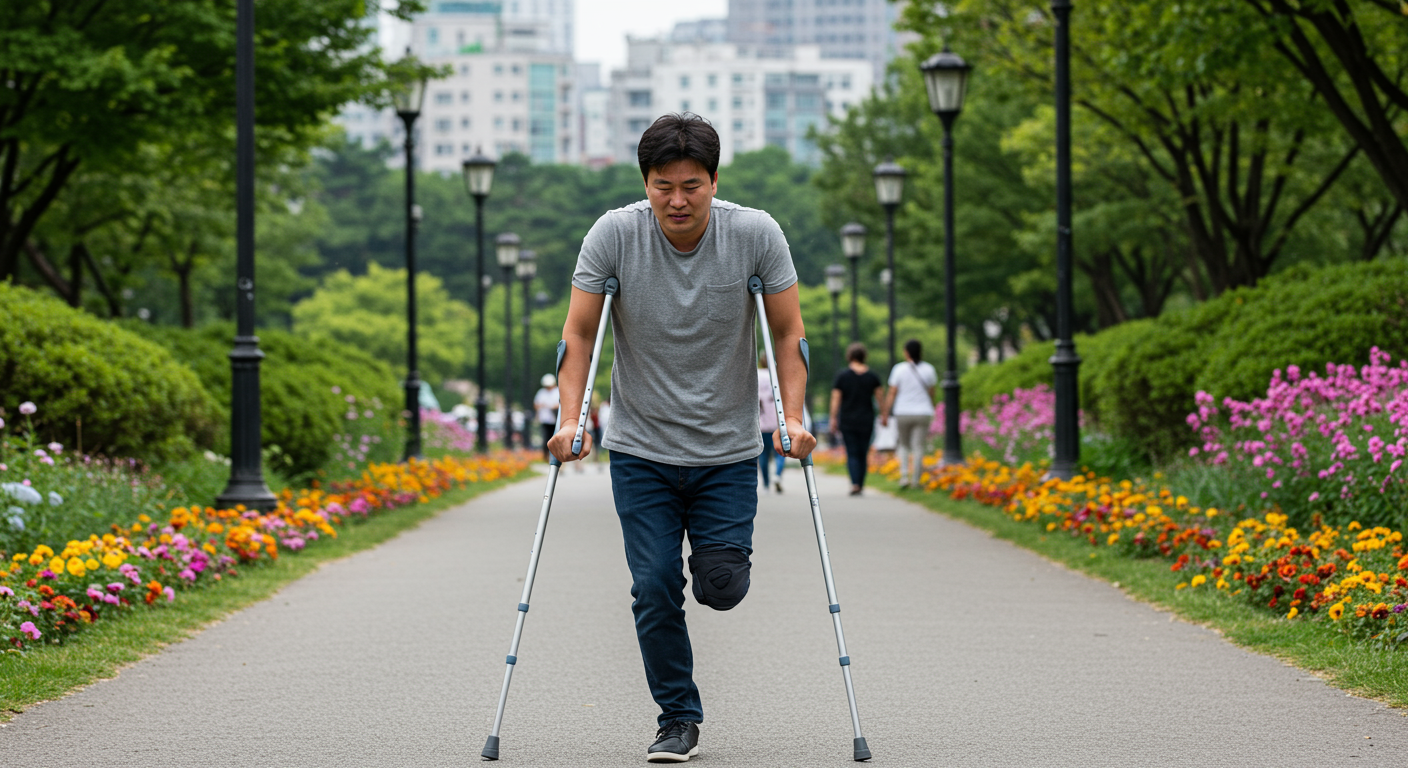 도심 공원에서 목발을 짚고 절뚝거리며 걷는 한국 남성