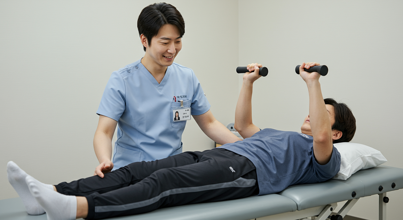 물리치료사가 환자에게 등척성 운동을 돕는 모습