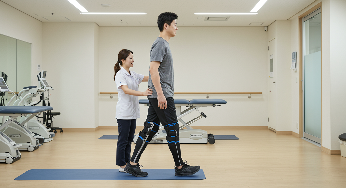 실내 재활센터에서 물리치료사의 지도 아래 비정상적인 걸음을 교정 중인 한국인