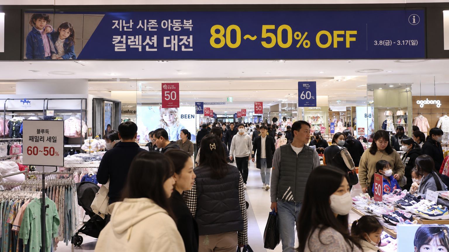 할인 행사 중인 백화점에서 전 시즌 아동복 컬렉션 세일 배너가 걸린 모습