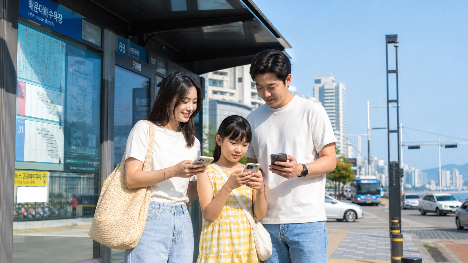 부산 버스 정류장에서 스마트폰으로 대중교통 앱을 확인하는 현대적 가족