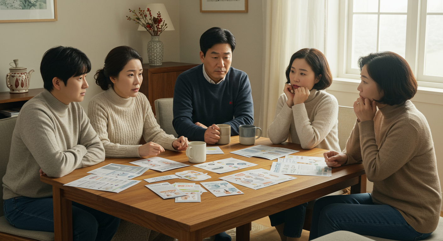 가족들이 실내에서 겨울철 바이러스 예방에 대해 토론하는 모습