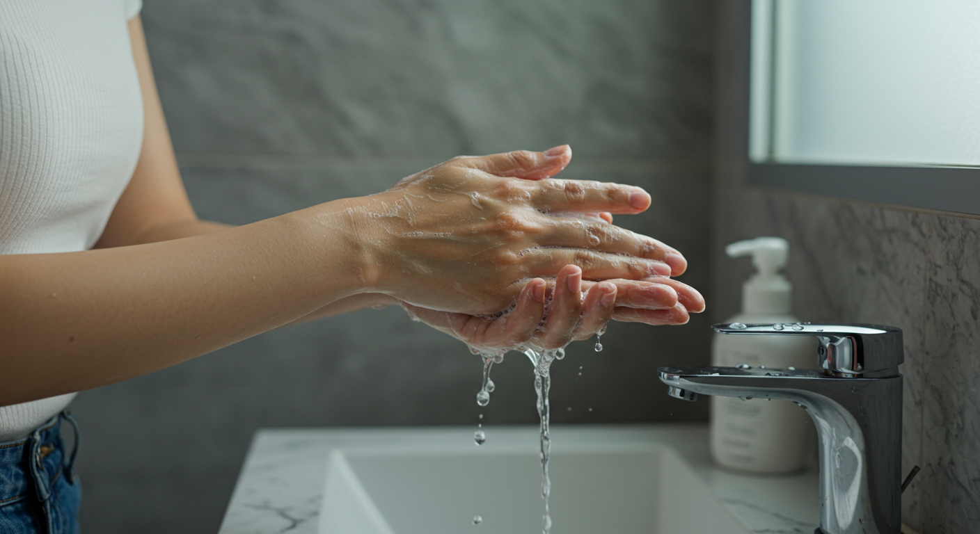 화장실에서 따뜻한 물과 비누로 손을 씻고 있는 사람의 모습