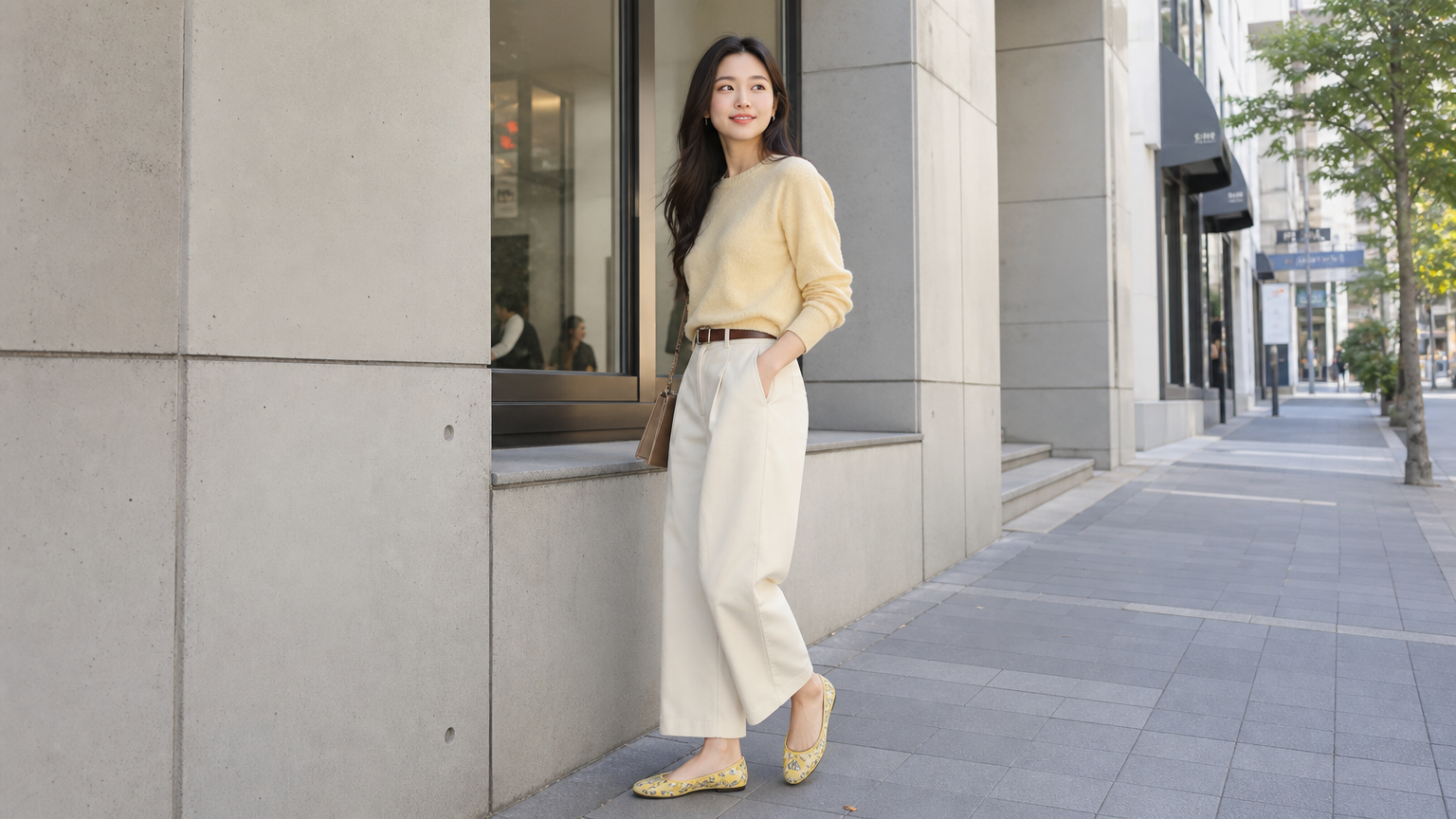 도시 거리에서 화사한 자수와 옐로우 톤이 돋보이는 발레 플랫을 신고 있는 여배우