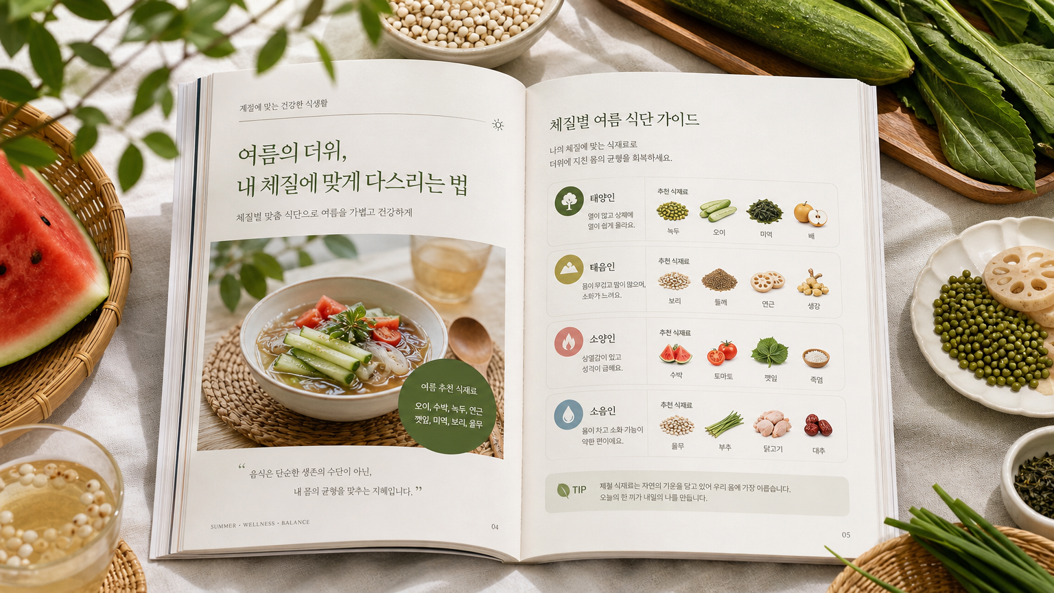 개인별 체질에 맞춘 식단 가이드북과 신선한 재료들