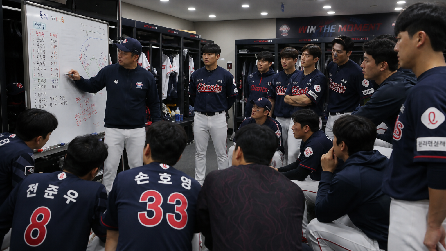 락커룸에서 라이벌팀과의 경기를 대비하여 전략을 세우는 모습