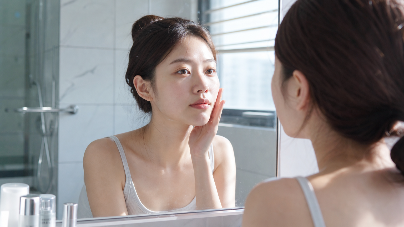 아침에 욕실에서 거울을 보며 피부 상태를 점검하는 젊은 여성