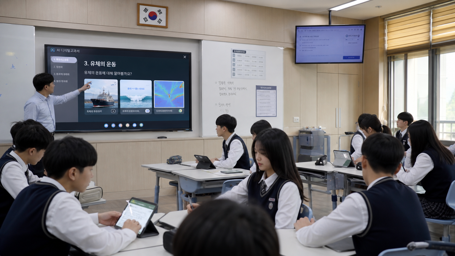 AI 기술이 통합된 현대적인 교실에서 태블릿과 스마트 보드를 사용하는 학생들