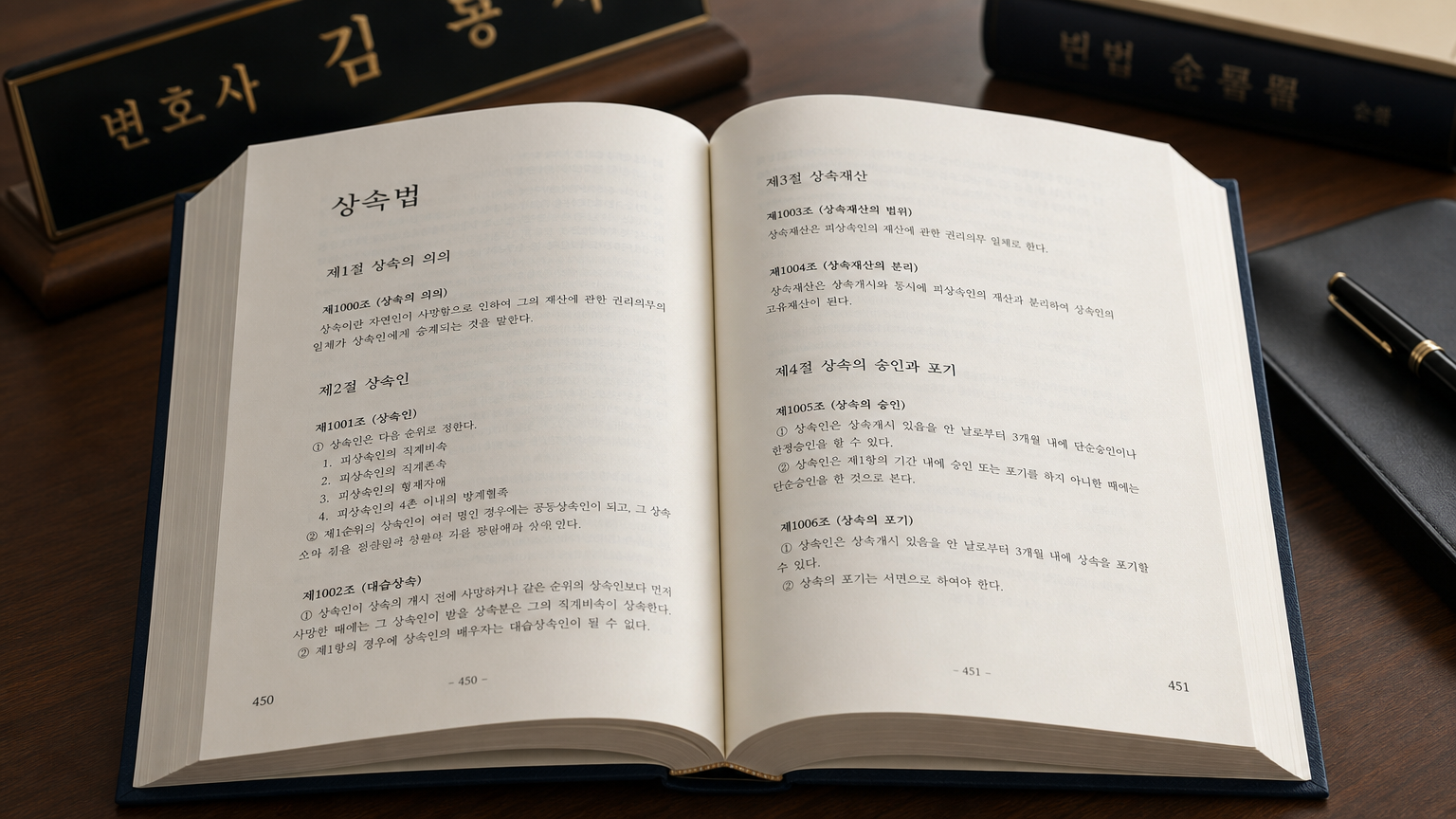 책상 위에 펼쳐진 한국 민법책과 전통적인 사무실 풍경