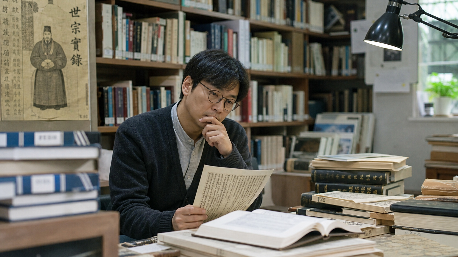 현대 도서관에서 역사를 연구하는 사색에 잠긴 역사학자